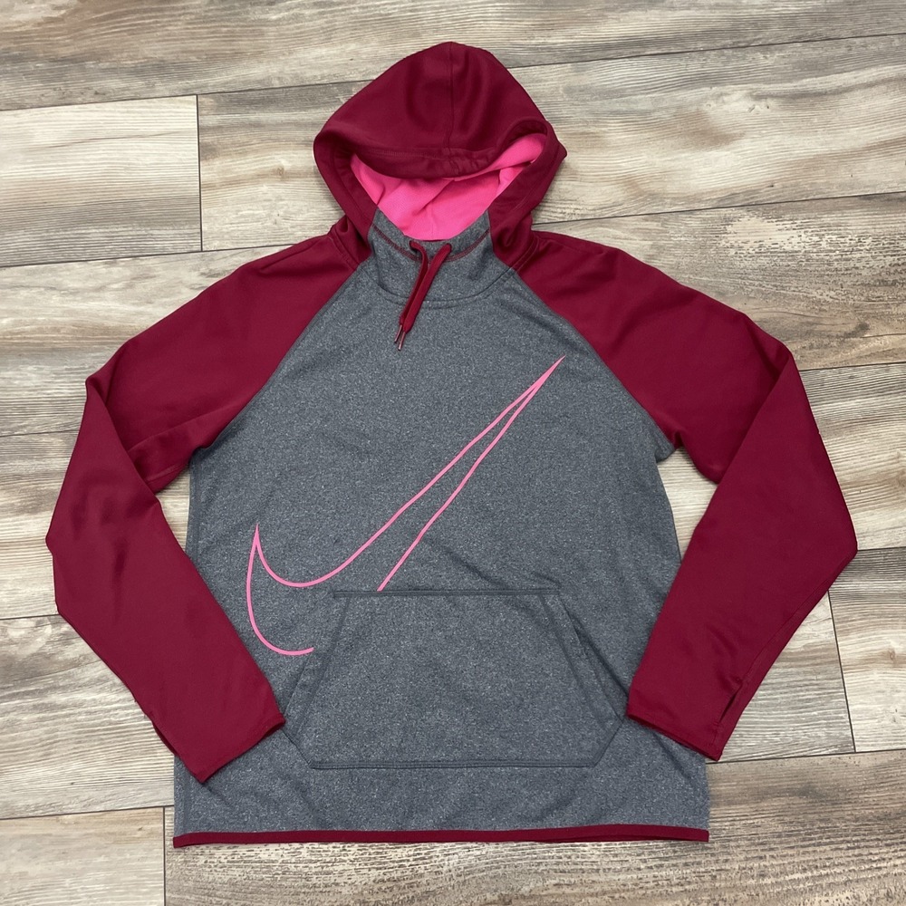 Nike Dri Fit Mens Size M Red Hoodie Sweatshirt Big Swoosh Drawstring Pocket